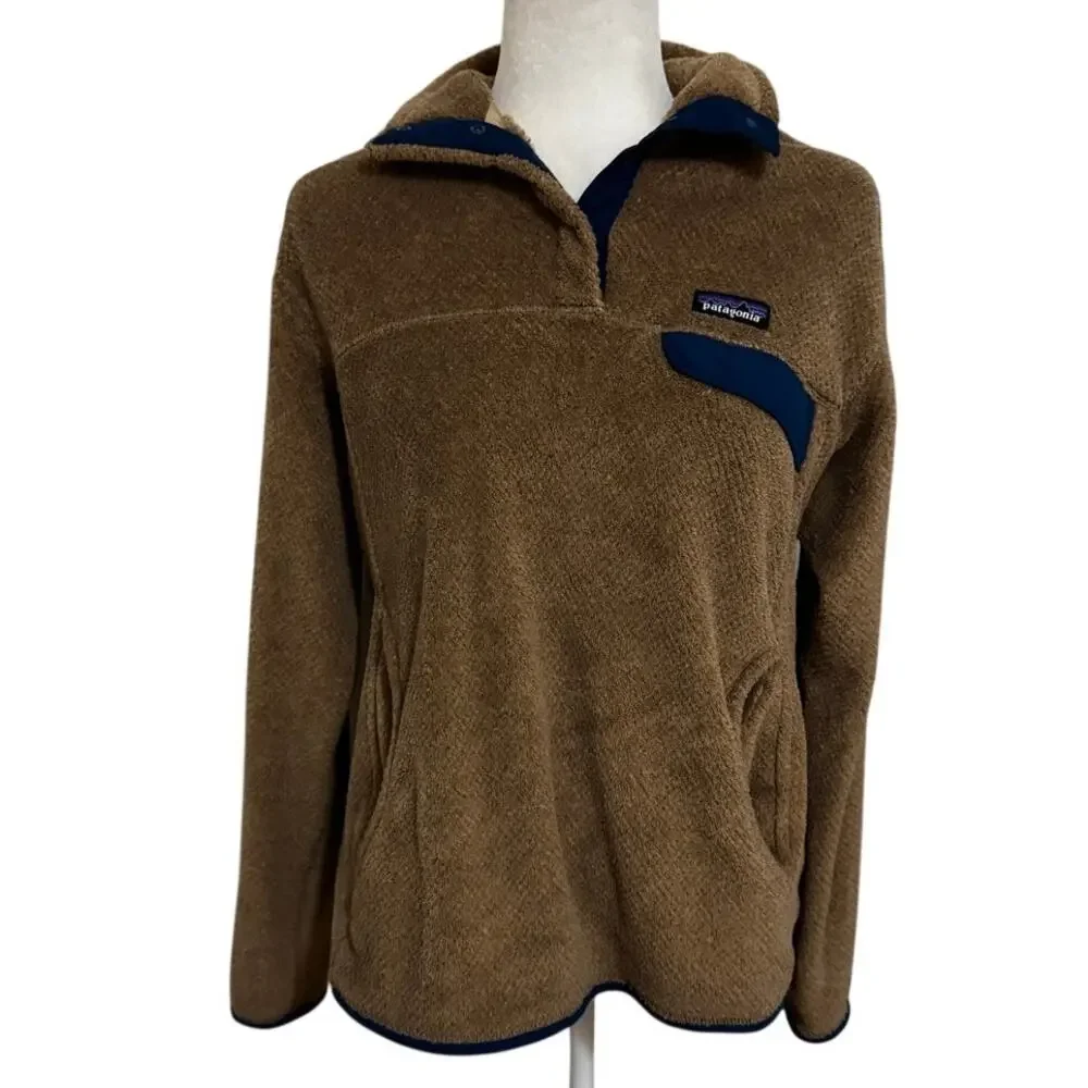 Patagonia Re-Tool Snap-T Fleece Pullover Camel Tan Blue Trim Size L Cozy Fleece - Picture 2 of 8